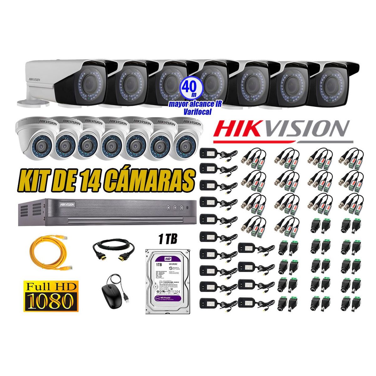 HIKVISION - Cámaras de Seguridad Kit 14 Full HD 1TB WD + Exterior Mayor Alcance Varifocal40M