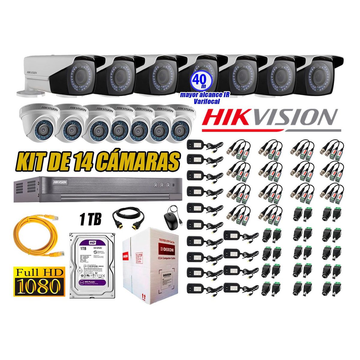 HIKVISION - Cámaras de Seguridad Kit 14 Full HD 1TB + Exterior Mayor Alcance Varifocal
