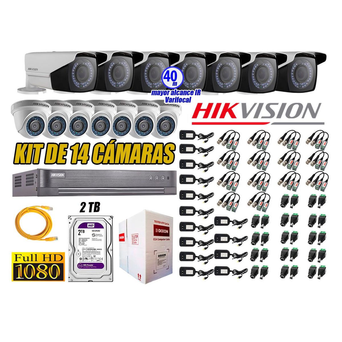 HIKVISION - Cámaras de Seguridad Kit 14 Full HD 2TB + Exterior Mayor Alcance Varifocal P2P