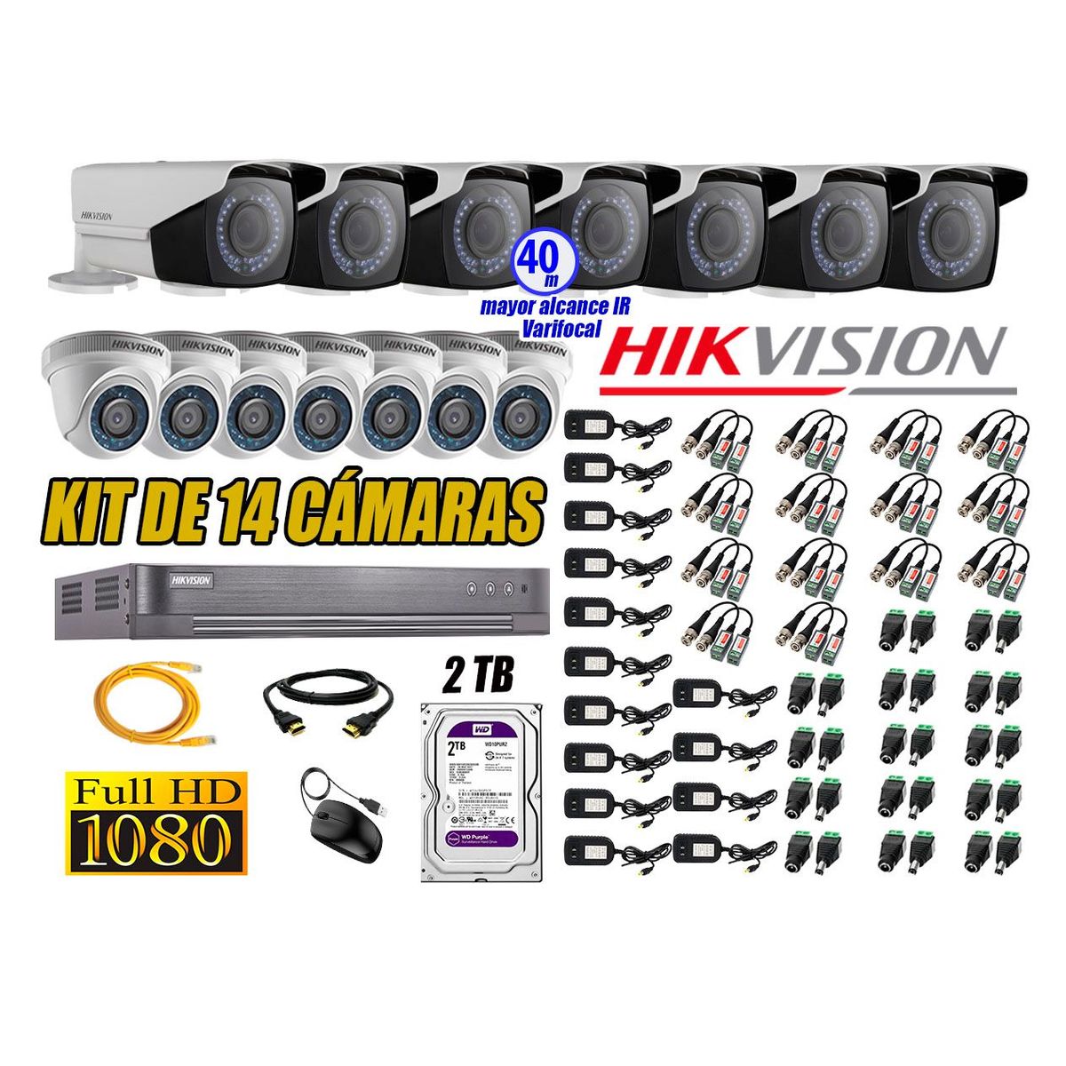 HIKVISION - Cámaras de Seguridad Kit 14 Full HD 2TB + Exterior Mayor Alcance Varifocal KIT14-FHD-E138