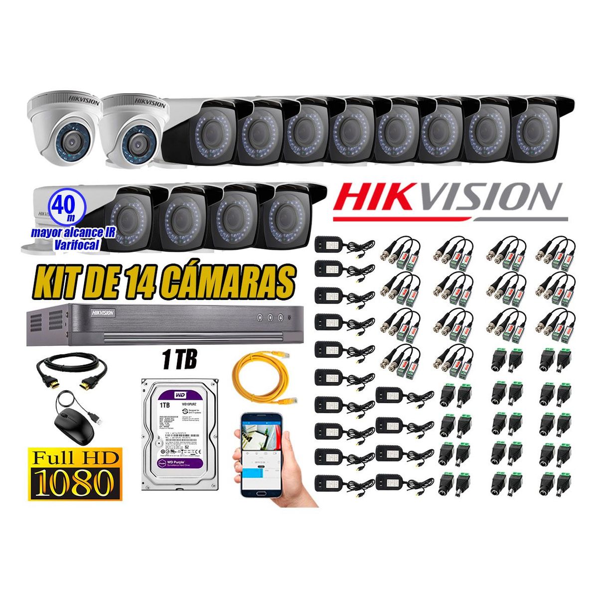 HIKVISION - Cámaras de Seguridad Kit 14 Full HD 1TB WD + Exterior Mayor Alcance Varifocal