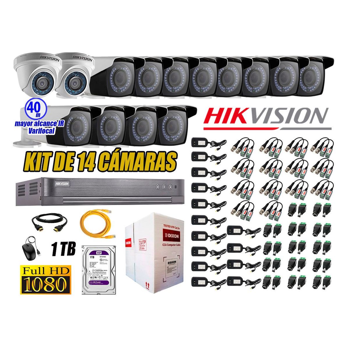 HIKVISION - Cámaras de Seguridad Kit 14 Full HD 1TB + Exterior Mayor Alcance Varifocal 40M