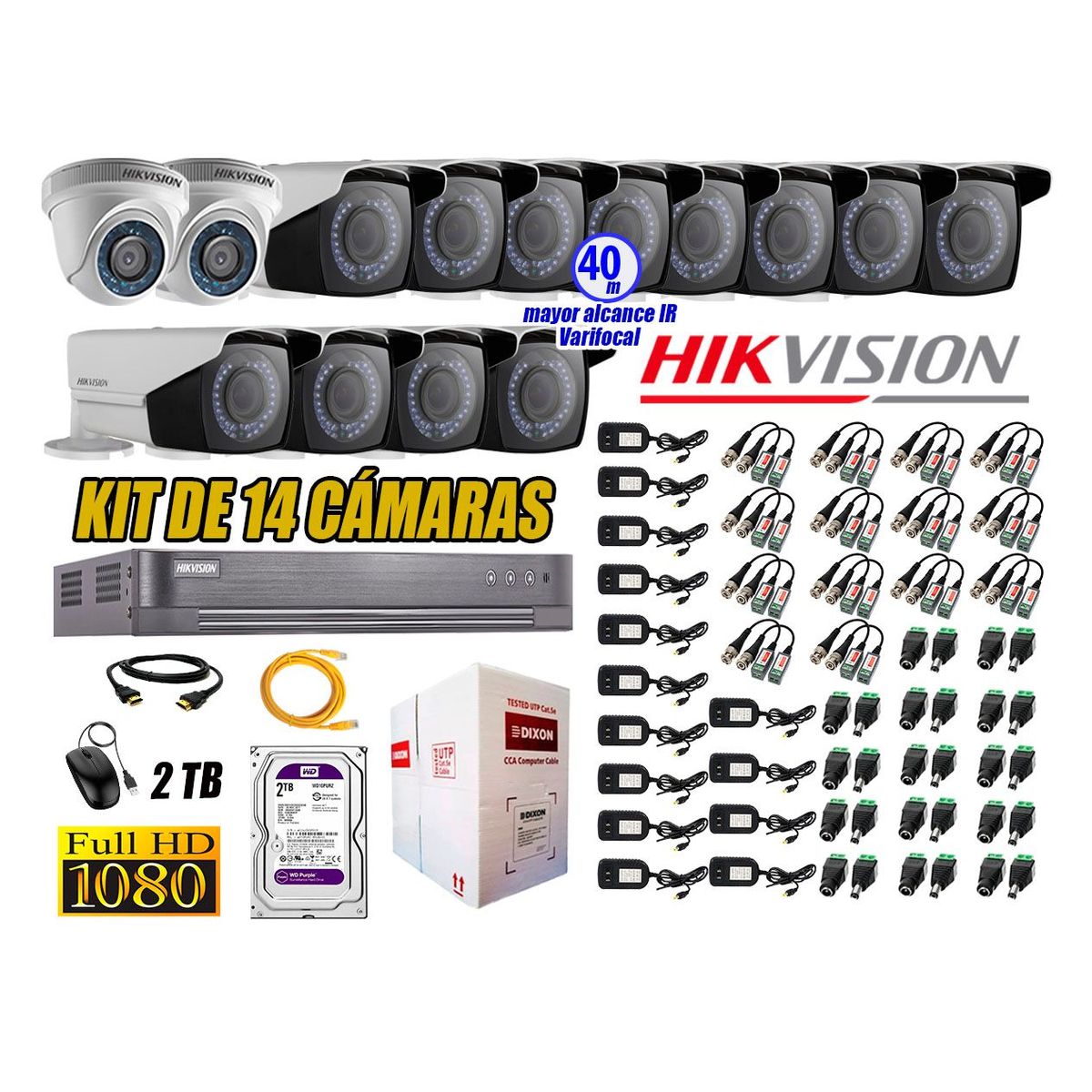 HIKVISION - Cámaras de Seguridad Kit 14 Full HD 2TB WD + Exterior Mayor Alcance Varifocal40M