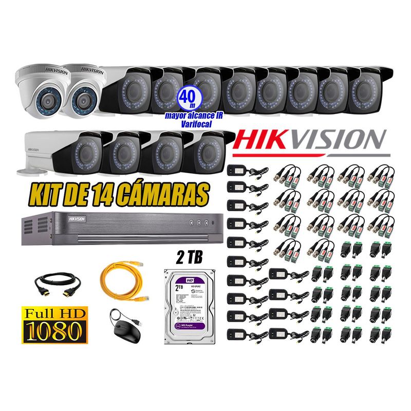 HIKVISION - Cámaras de Seguridad Kit 14 Full HD 2TB + Exterior Mayor Alcance Varifocal
