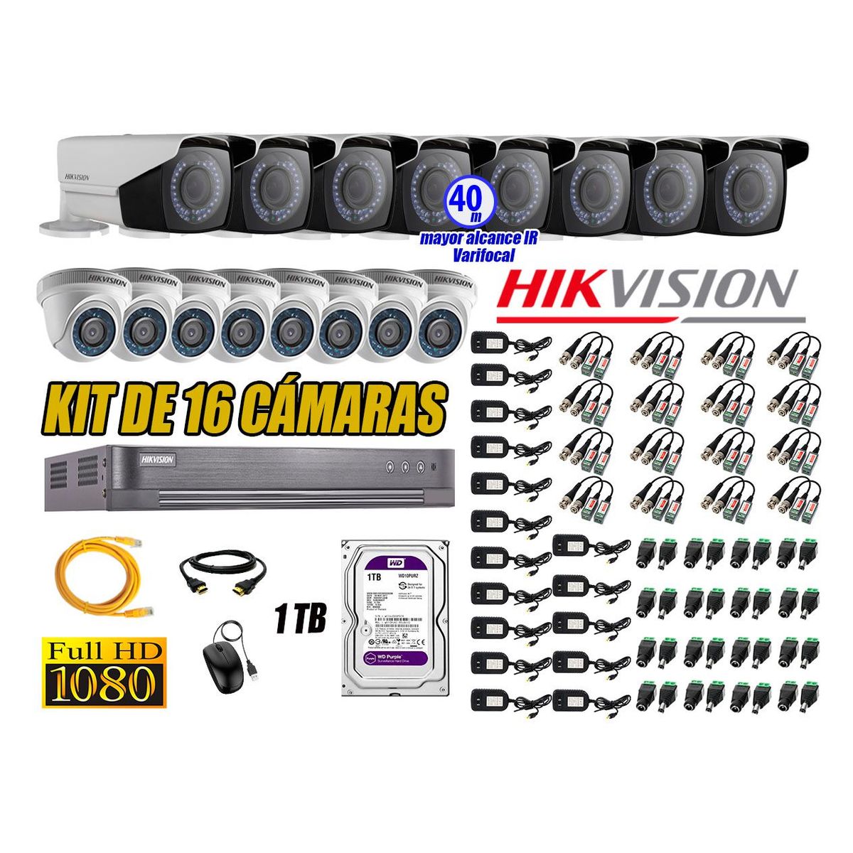 HIKVISION - Cámaras de Seguridad Kit 16 Full HD 1TB WD + Exterior Mayor Alcance Varifocal