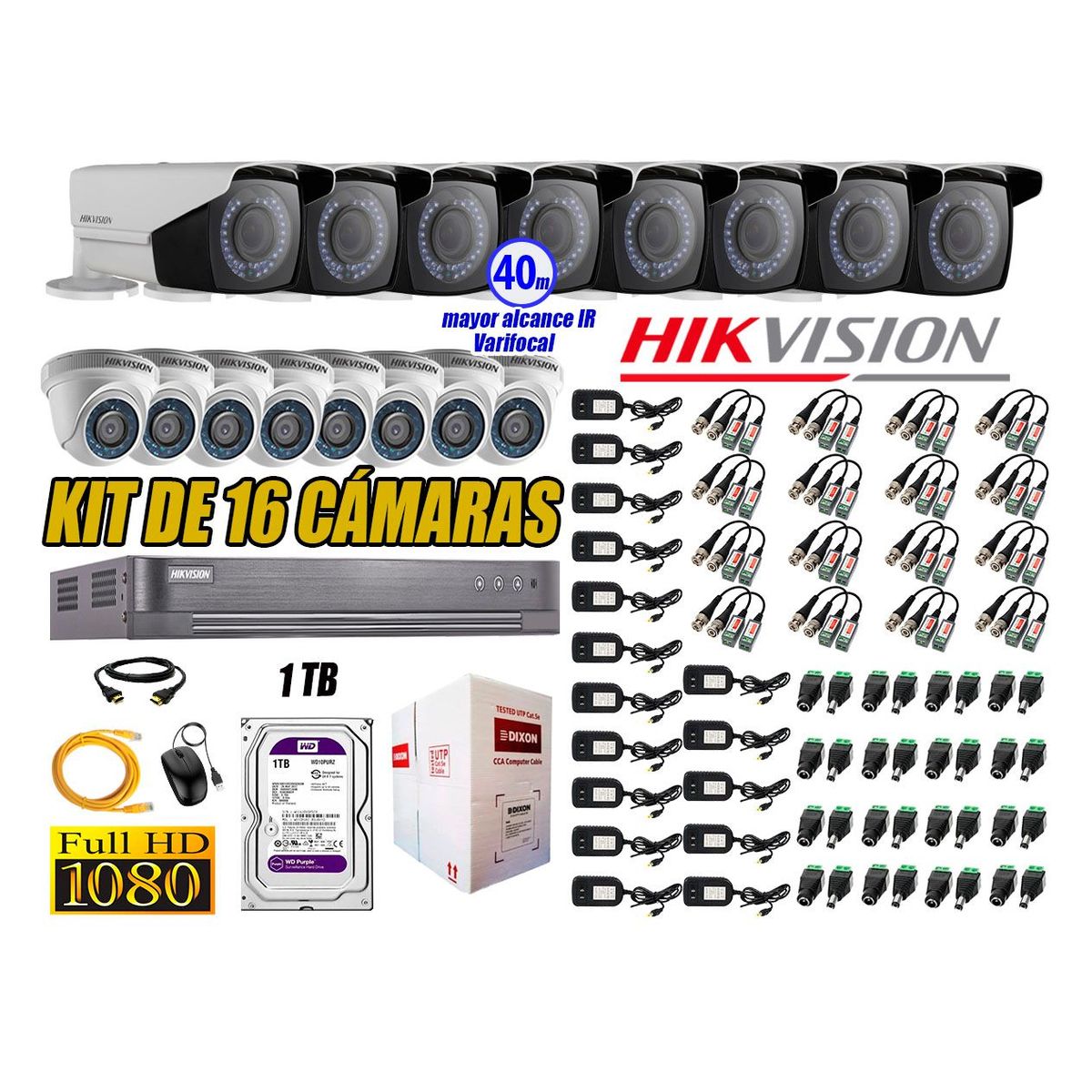 HIKVISION - Cámaras de Seguridad Kit 16 Full HD 1TB + Exterior Mayor Alcance Varifocal P2P