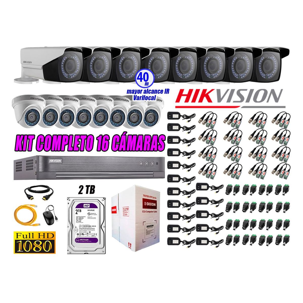 HIKVISION - Cámaras de Seguridad Kit 16 Full HD 2TB WD + Exterior Mayor Alcance Varifocal KIT16-FHD-E153