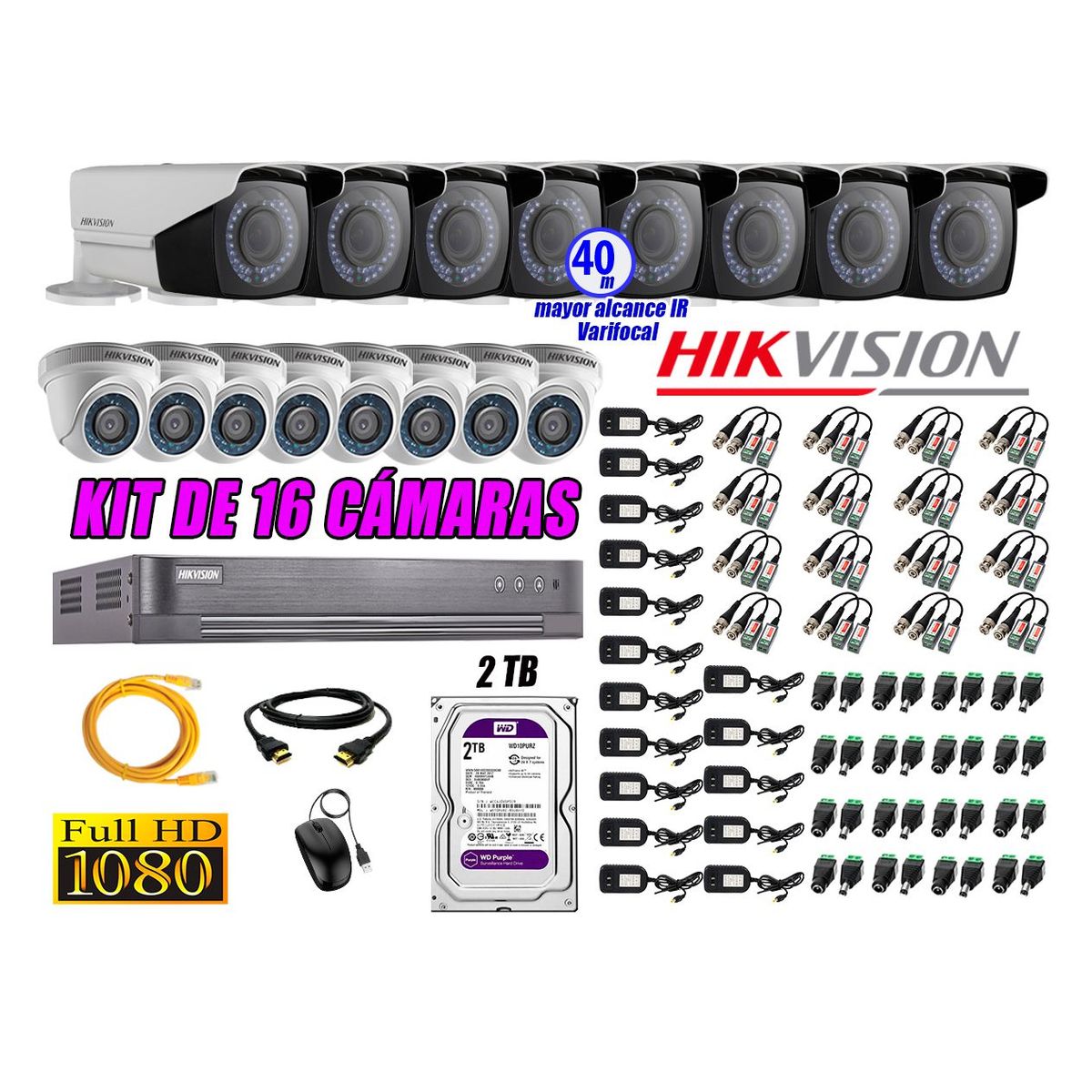 HIKVISION - Cámaras de Seguridad Kit 16 Full HD 2TB + Exterior Mayor Alcance Varifocal 40M