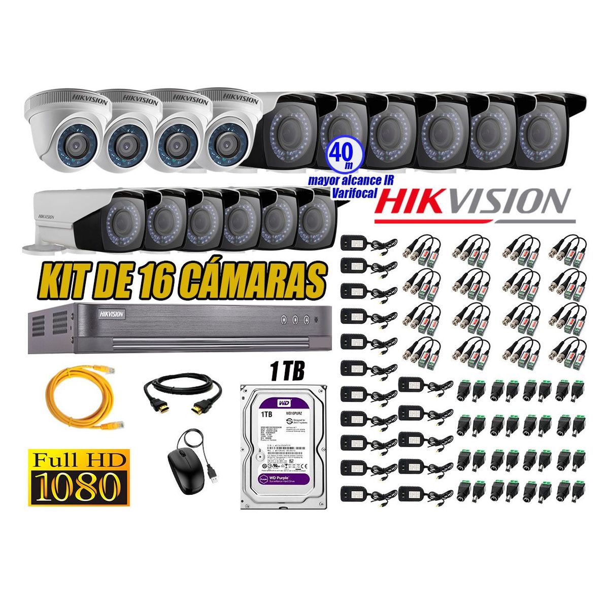HIKVISION - Cámaras de Seguridad Kit 16 Full HD 1TB + Exterior Mayor Alcance Varifocal 40M