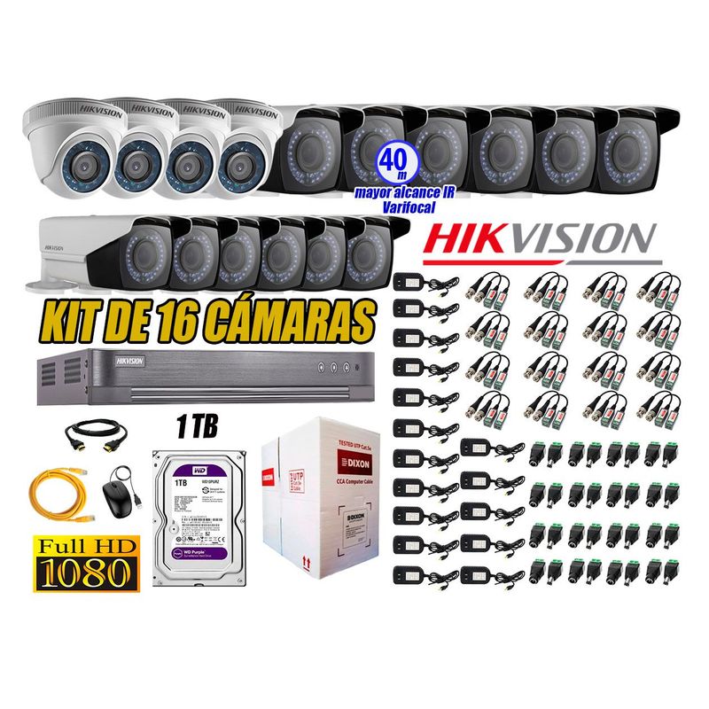 HIKVISION - Cámaras de Seguridad Kit 16 Full HD 1TB + Exterior Mayor Alcance Varifocal40M