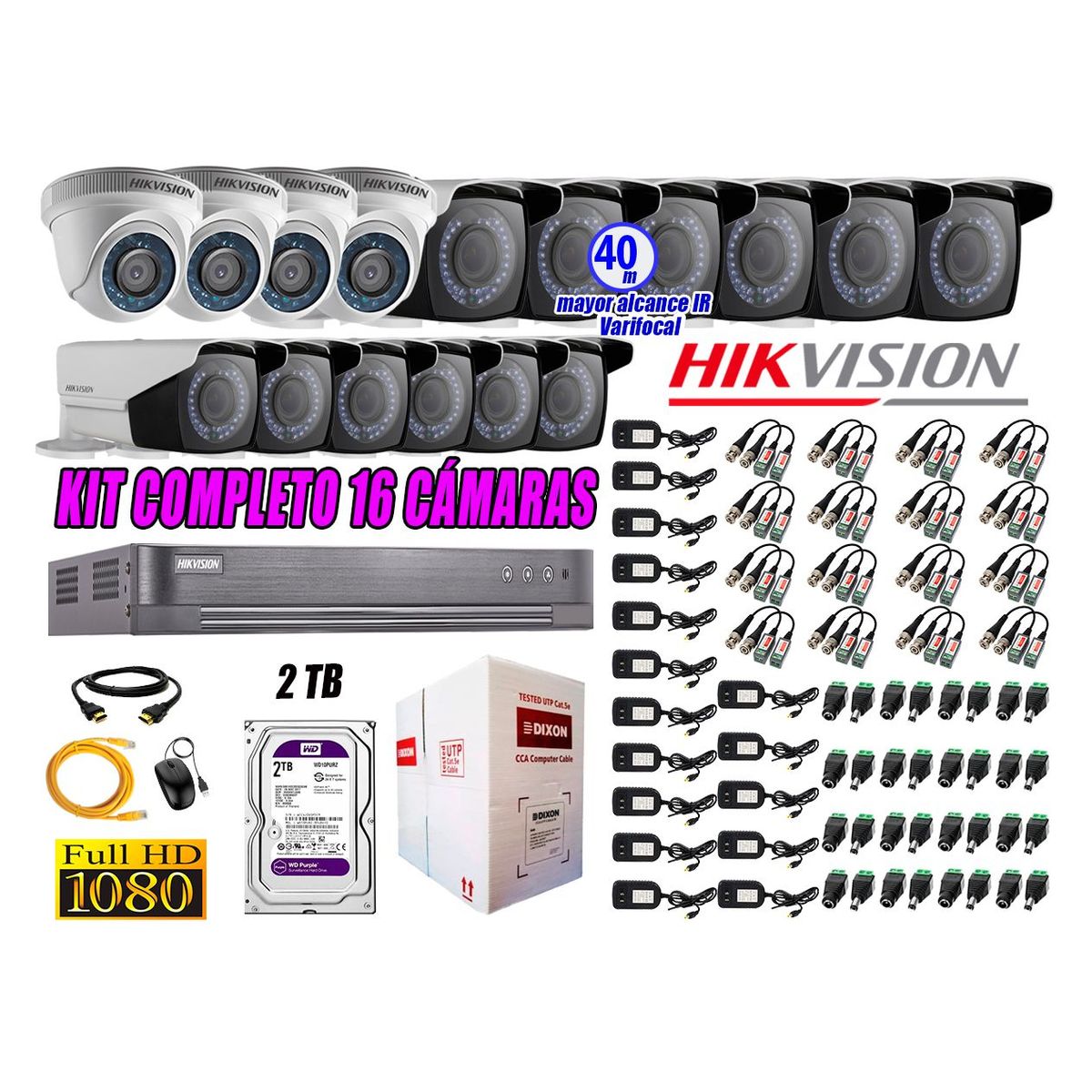 HIKVISION - Cámaras de Seguridad Kit 16 Full HD 2TB WD + Exterior Mayor Alcance Varifocal