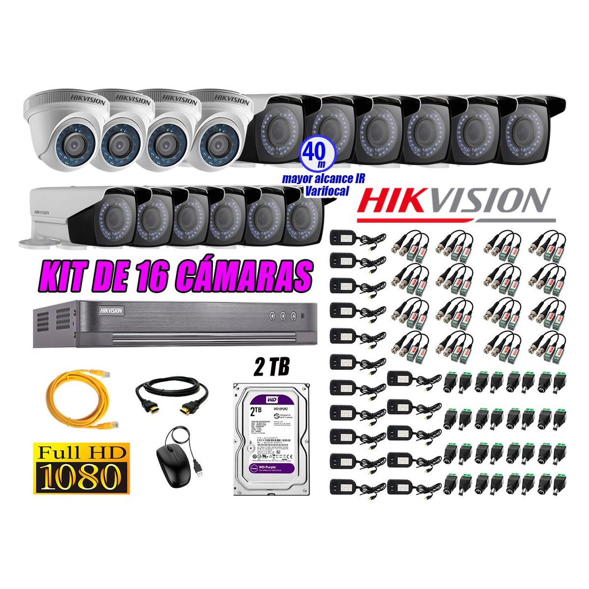HIKVISION - Cámaras de Seguridad Kit 16 Full HD 2TB + Exterior Mayor Alcance Varifocal P2P