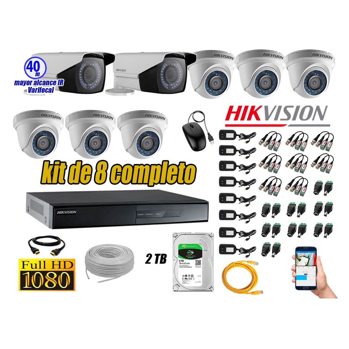 HIKVISION - Cámaras de Seguridad Kit 8 Full HD 2TB + Exterior Mayor Alcance Varifocal 40M Ir KIT08-FHD-E074