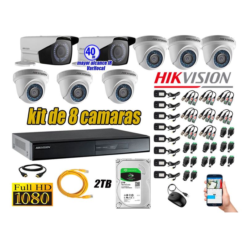 HIKVISION - Cámaras de Seguridad Kit 8 Full HD 2TB + Exterior Mayor Alcance Varifocal