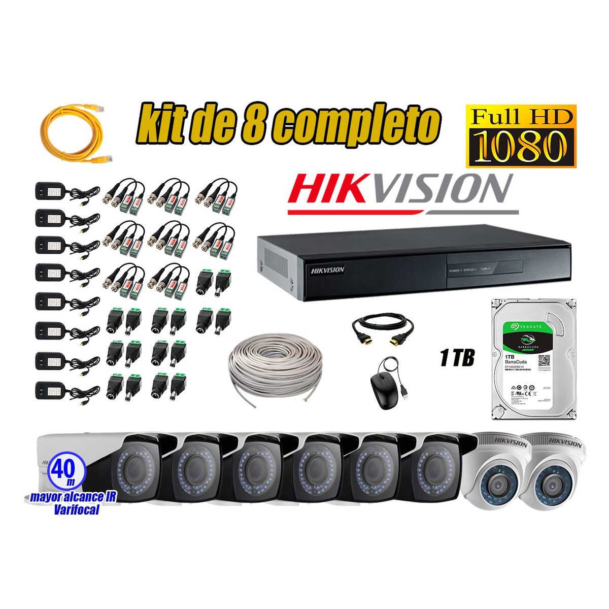 HIKVISION - Cámaras de Seguridad Kit 8 Full HD 1TB + Exterior Mayor Alcance Varifocal 40M