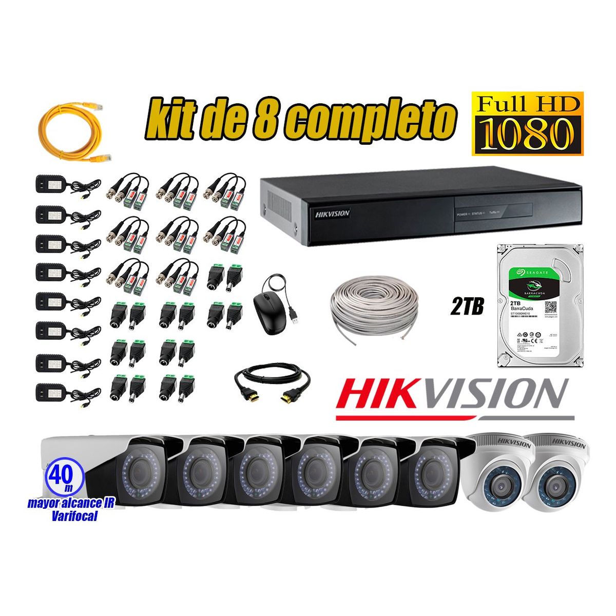 HIKVISION - Cámaras de Seguridad Kit 8 Full HD 2TB + Exterior Mayor Alcance Varifocal40M