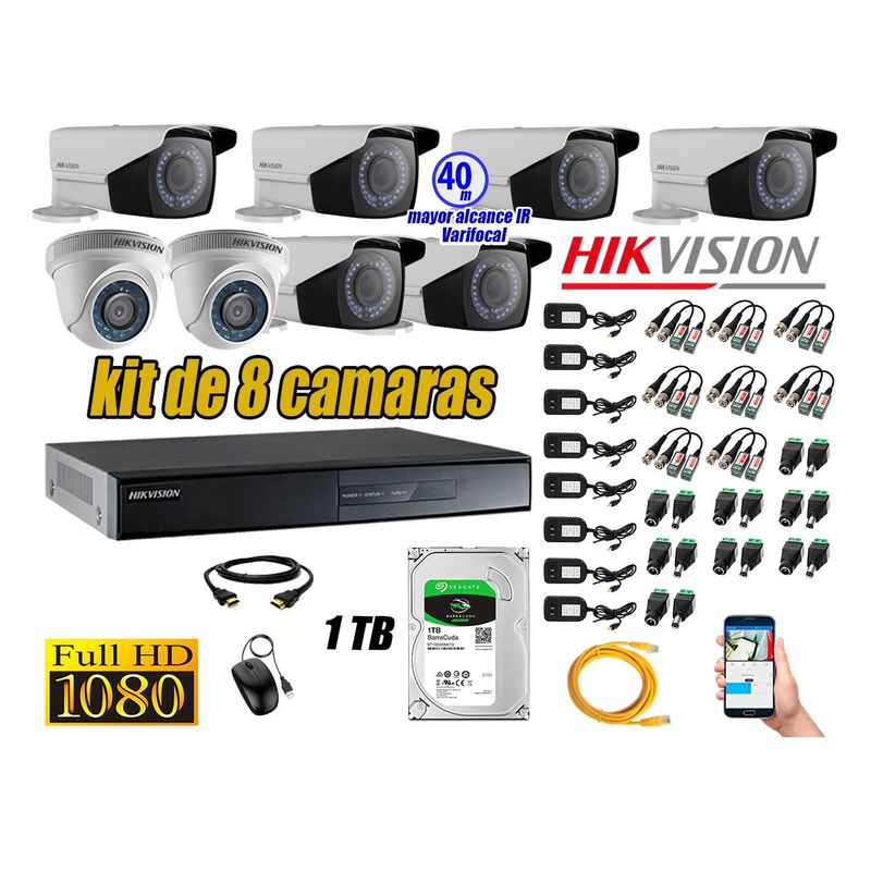 HIKVISION - Cámaras de Seguridad Kit 8 Full HD 1TB WD + Exterior Mayor Alcance Varifocal
