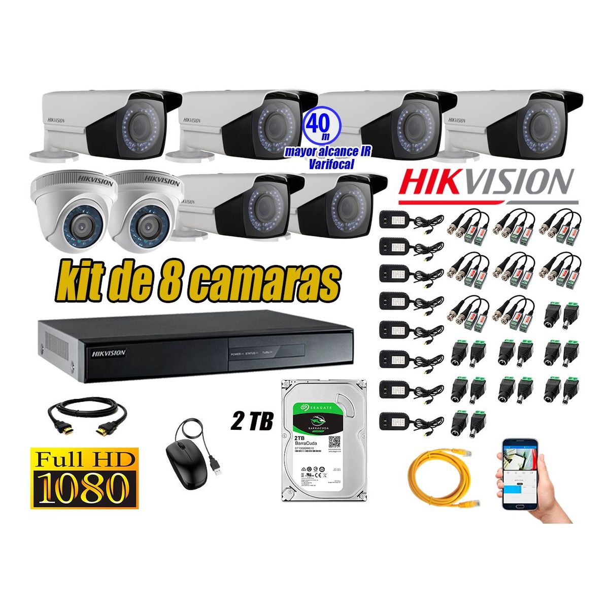 HIKVISION - Cámaras de Seguridad Kit 8 Full HD 2TB + Exterior Mayor Alcance Varifocal P2P