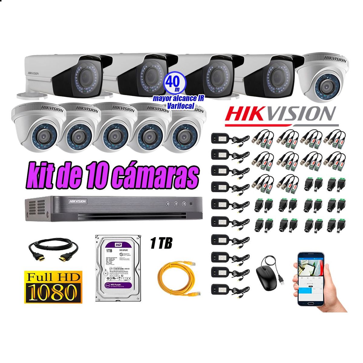 HIKVISION - Cámaras de Seguridad Kit 10 Full HD 1TB WD + Exterior Mayor Alcance Varifocal P2P