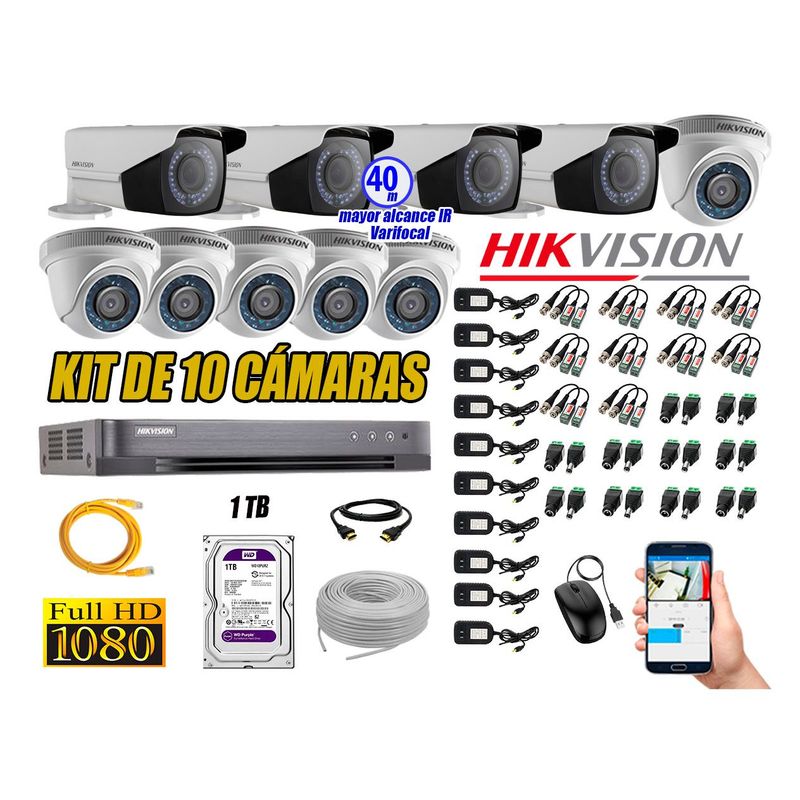 HIKVISION - Cámaras de Seguridad Kit 10 Full HD 1TB + Exterior Mayor Alcance Varifocal