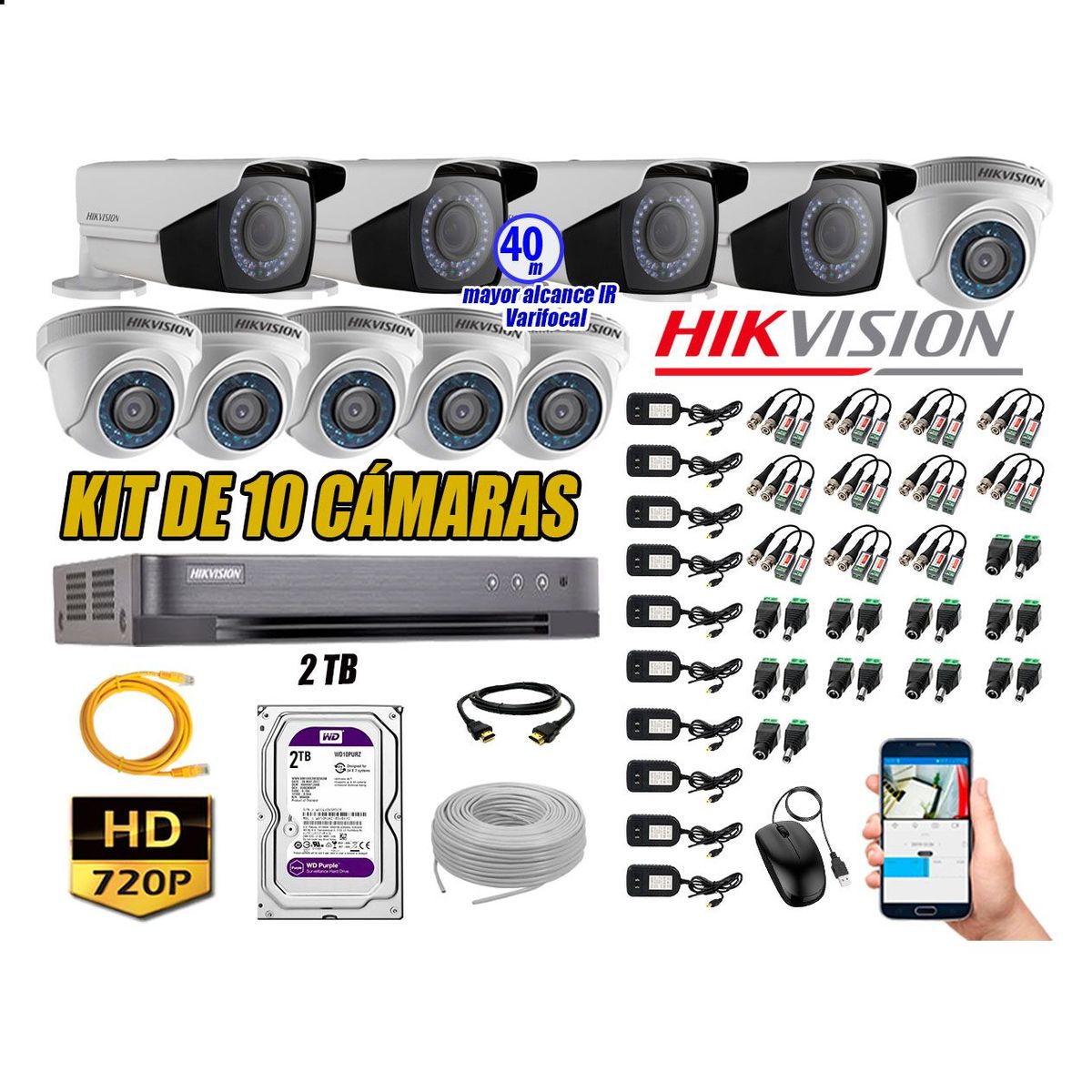 HIKVISION - Cámaras de Seguridad Kit 10 HD 720P 2TB WD + Exterior Mayor Alcance Varifocal