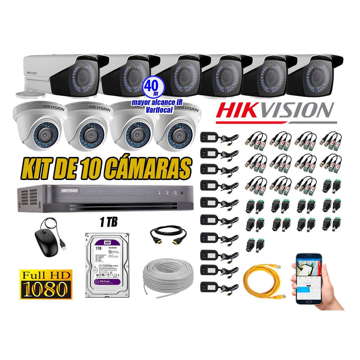 HIKVISION - Cámaras de Seguridad Kit 10 Full HD 1TB + Exterior Mayor Alcance Varifocal KIT10-FHD-E106