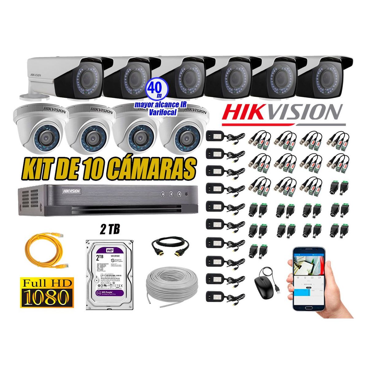 HIKVISION - Cámaras de Seguridad Kit 10 Full HD 2TB + Exterior Mayor Alcance Varifocal P2P