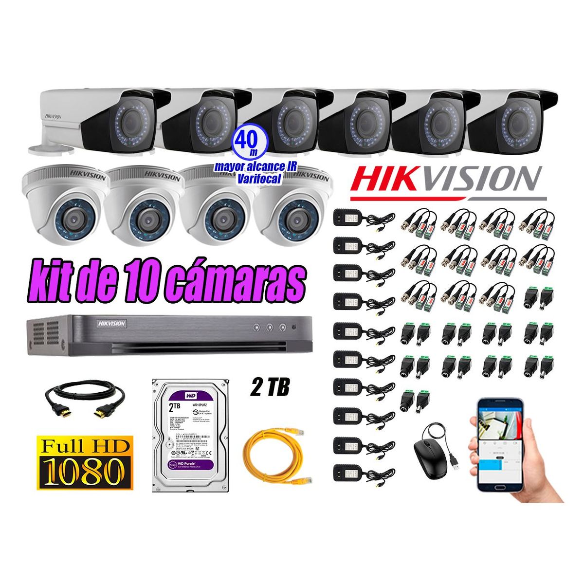 HIKVISION - Cámaras de Seguridad Kit 10 Full HD 2TB + Exterior Mayor Alcance Varifocal