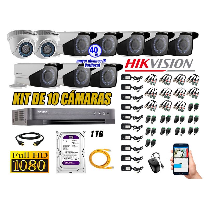 HIKVISION - Cámaras de Seguridad Kit 10 Full HD 1TB WD + Exterior Mayor Alcance Varifocal