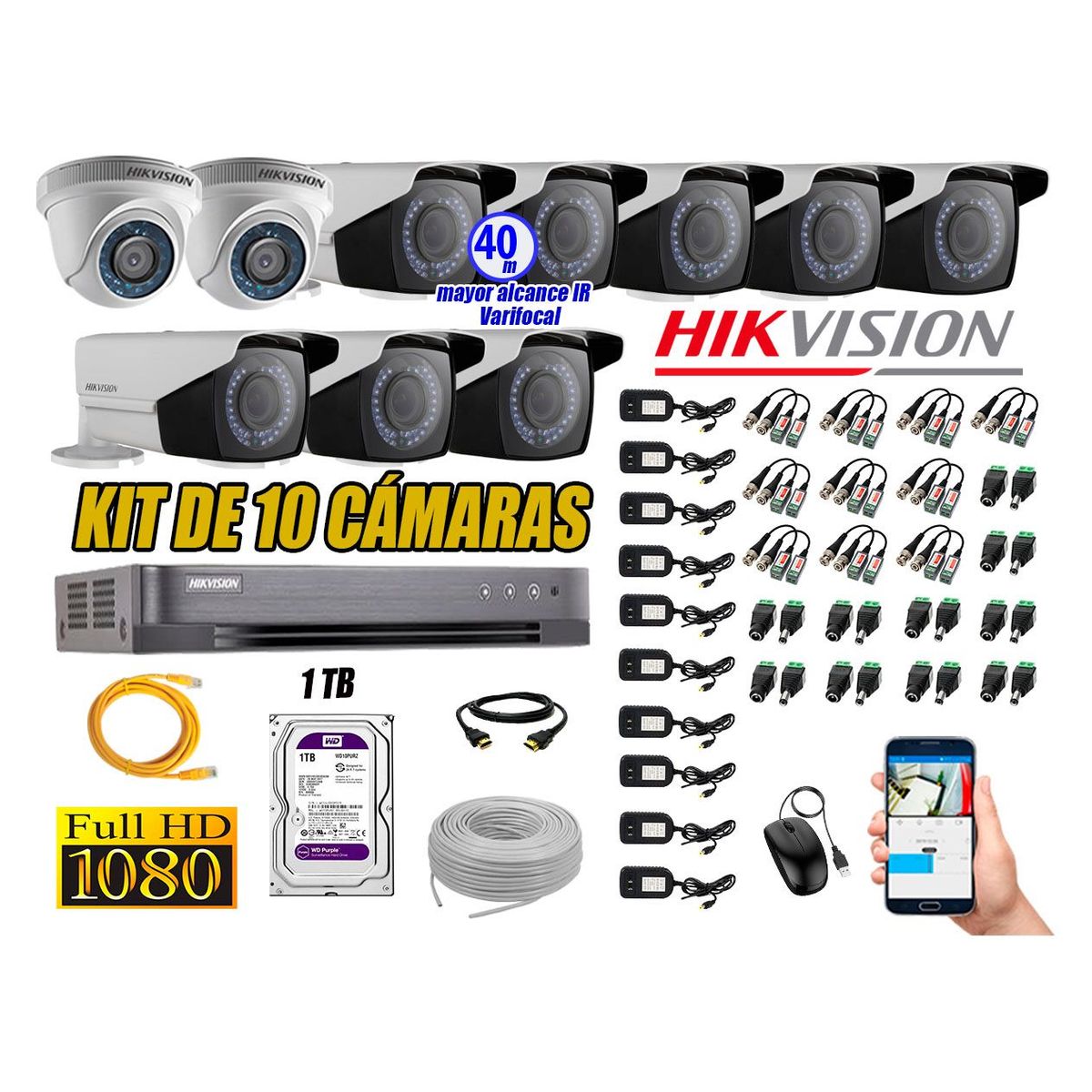 HIKVISION - Cámaras de Seguridad Kit 10 Full HD 1TB + Exterior Mayor Alcance Varifocal 40M Ir