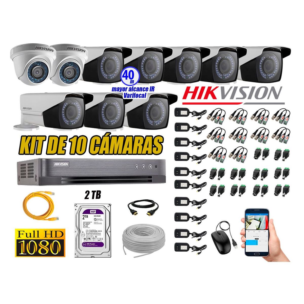 HIKVISION - Cámaras de Seguridad Kit 10 Full HD 2TB WD + Exterior Mayor Alcance Varifocal40M