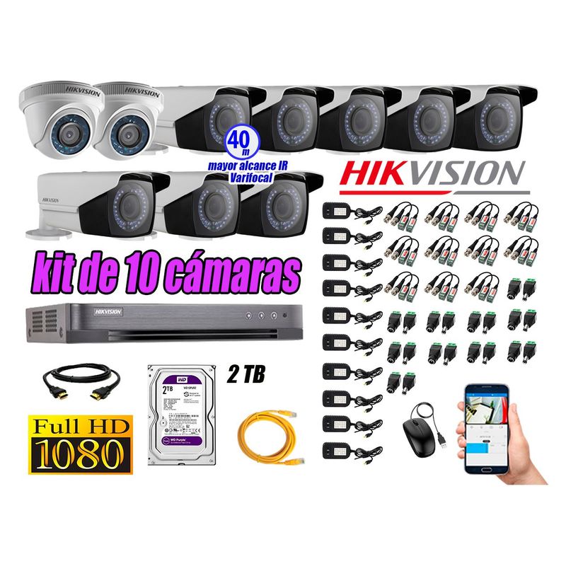 HIKVISION - Cámaras de Seguridad Kit 10 Full HD 2TB + Exterior Mayor Alcance Varifocal KIT10-FHD-E116