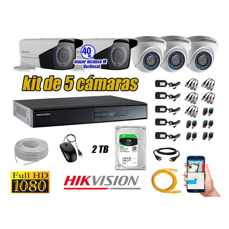 HIKVISION - Cámaras de Seguridad Kit 5 FullHD 2TB + Exterior Mayor Alcance Varifocal 40M Ir