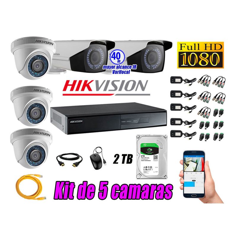 HIKVISION - Cámaras de Seguridad Kit 5 Full HD 2TB + Exterior Mayor Alcance Varifocal40M