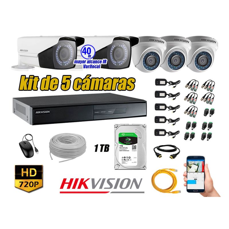 HIKVISION - Cámaras de Seguridad Kit 5 HD 720P 1TB + Exterior Mayor Alcance Varifocal P2P