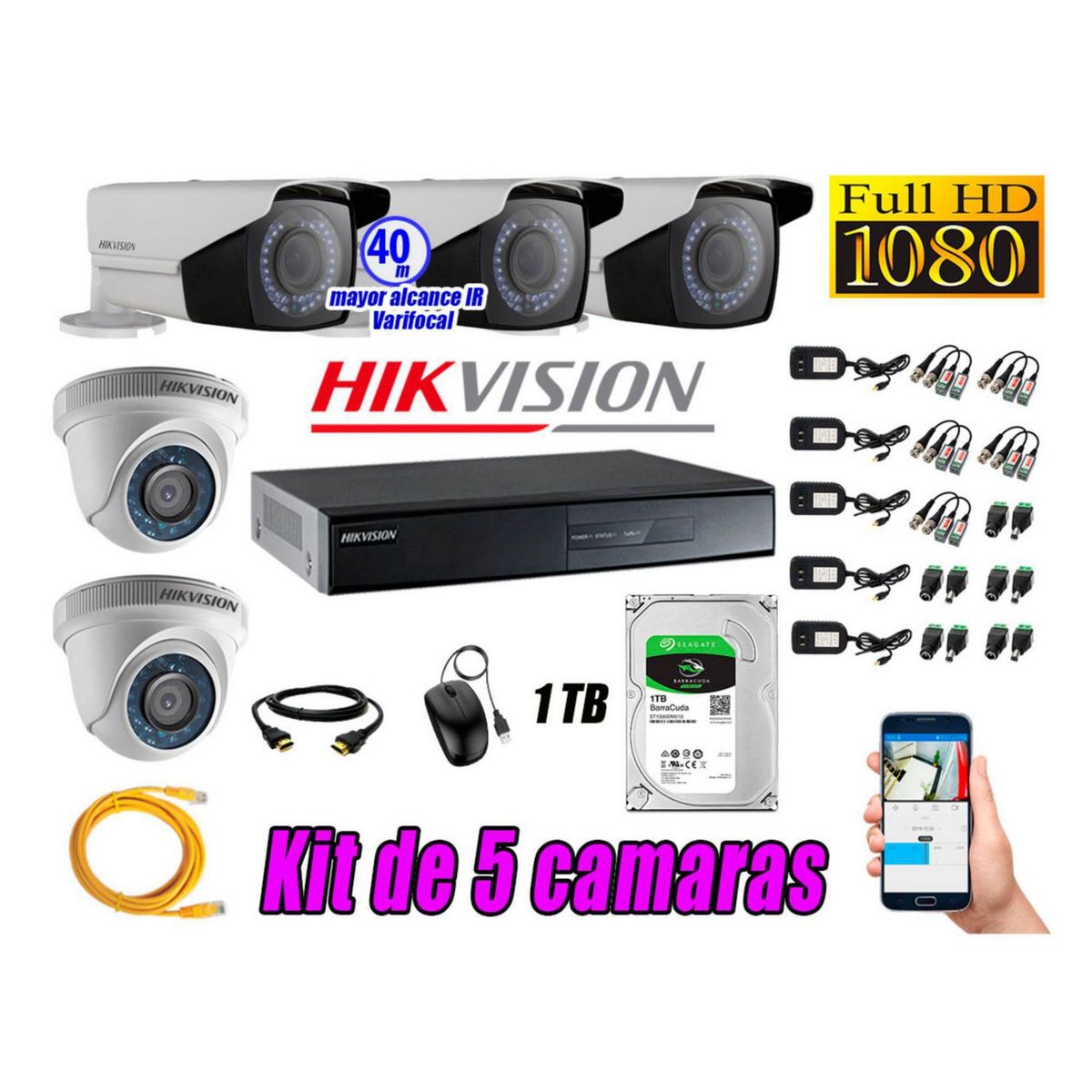 HIKVISION - Cámaras de Seguridad Kit 5 Full HD 1TB + Exterior Mayor Alcance Varifocal
