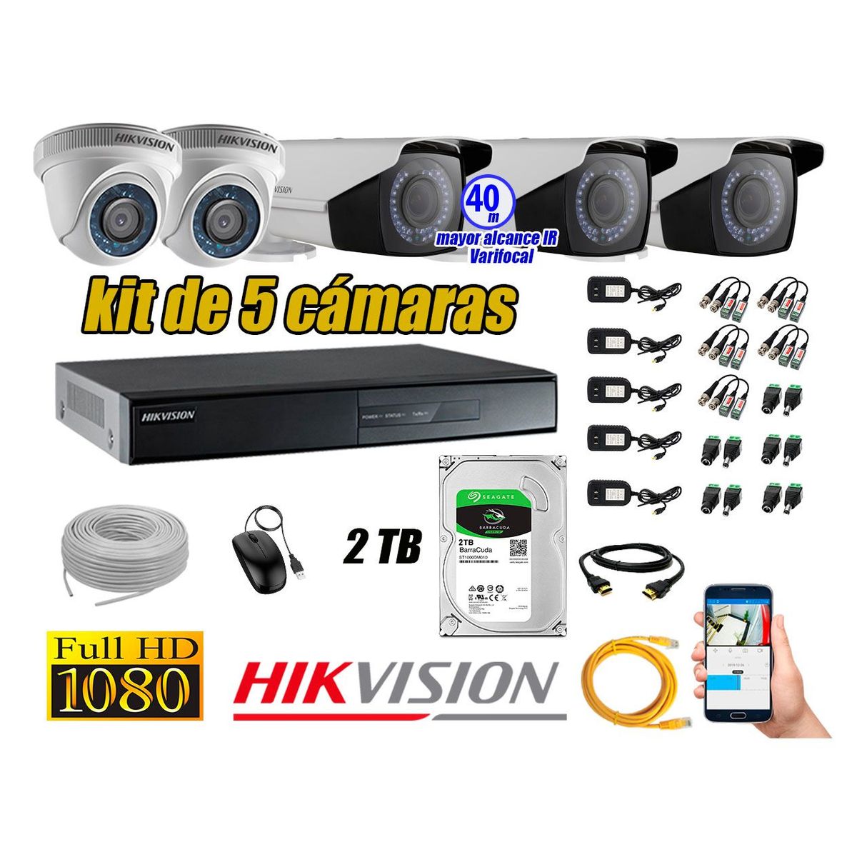 HIKVISION - Cámaras de Seguridad Kit 5 Full HD 2TB WD + Exterior Mayor Alcance Varifocal P2P