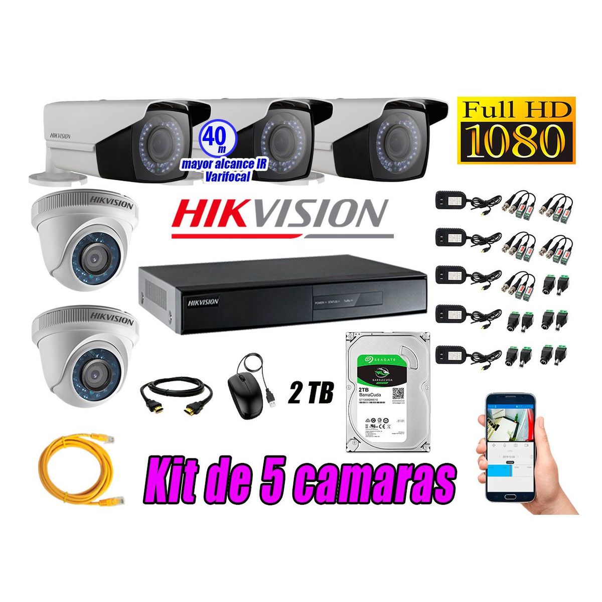 HIKVISION - Cámaras de Seguridad Kit 5 Full HD 2TB + Exterior Mayor Alcance Varifocal