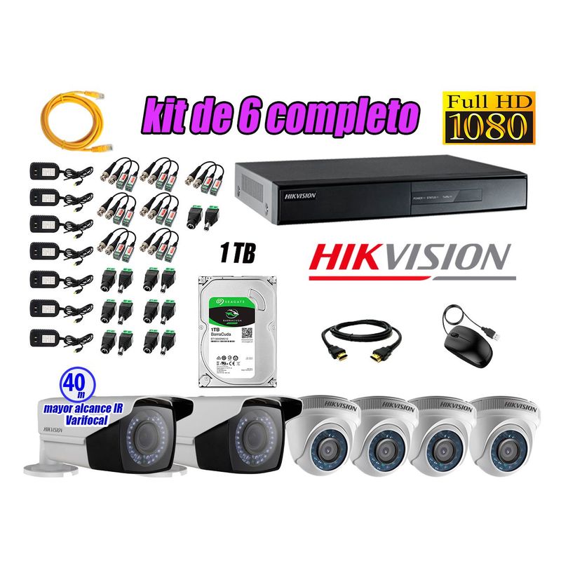 HIKVISION - Cámaras de Seguridad Kit 6 Full HD 1TB WD + Exterior Mayor Alcance Varifocal