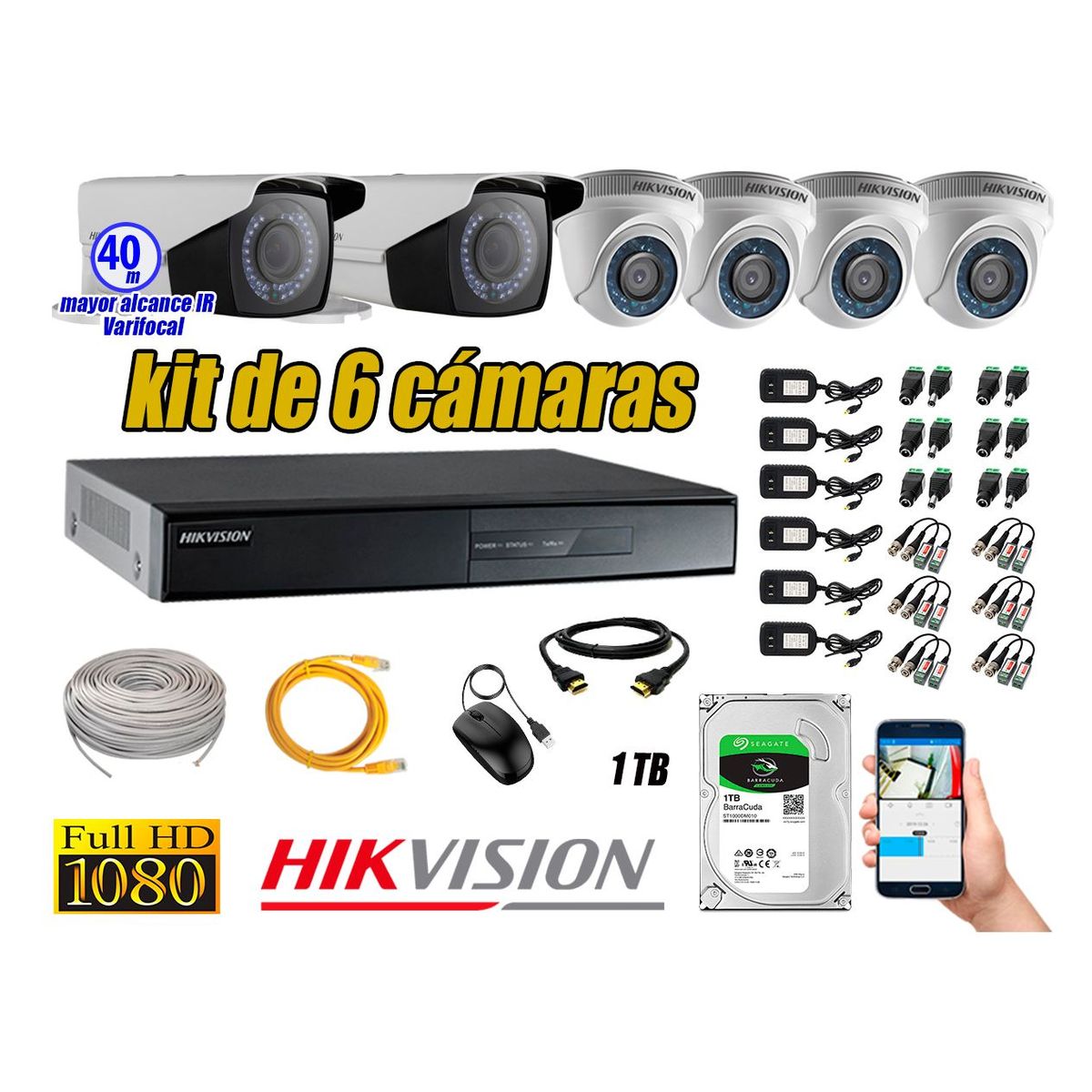 HIKVISION - Cámaras de Seguridad Kit 6 Full HD 1TB + Exterior Mayor Alcance Varifocal 40M Ir