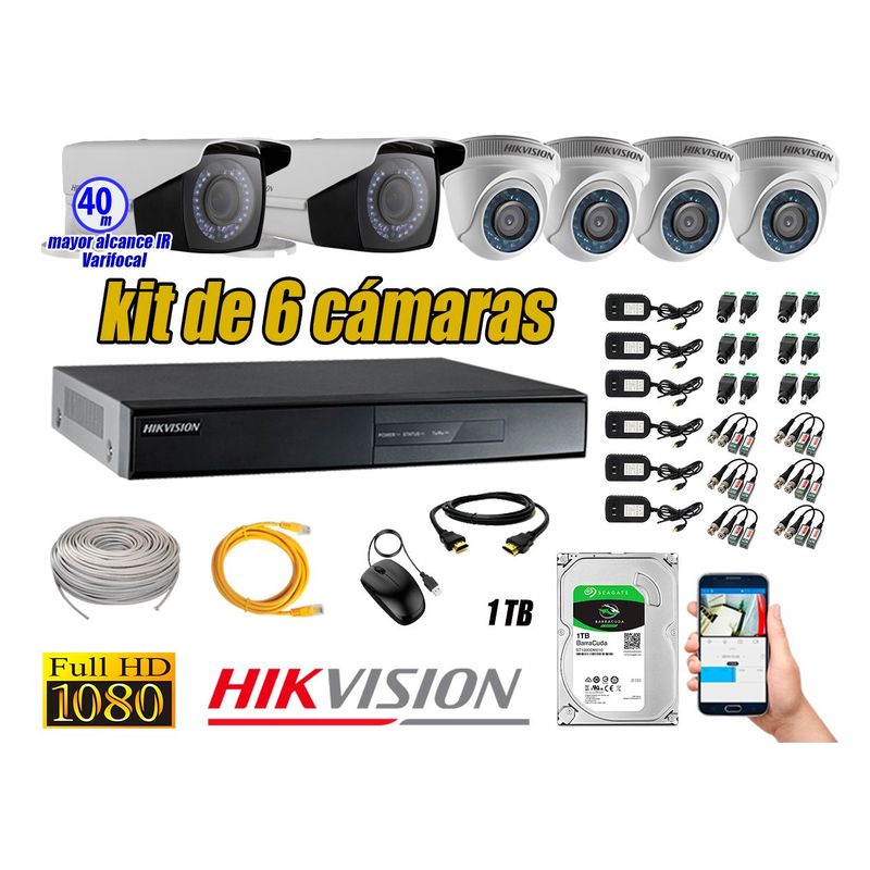 HIKVISION - Cámaras de Seguridad Kit 6 Full HD 1TB + Exterior Mayor Alcance Varifocal 40M Ir