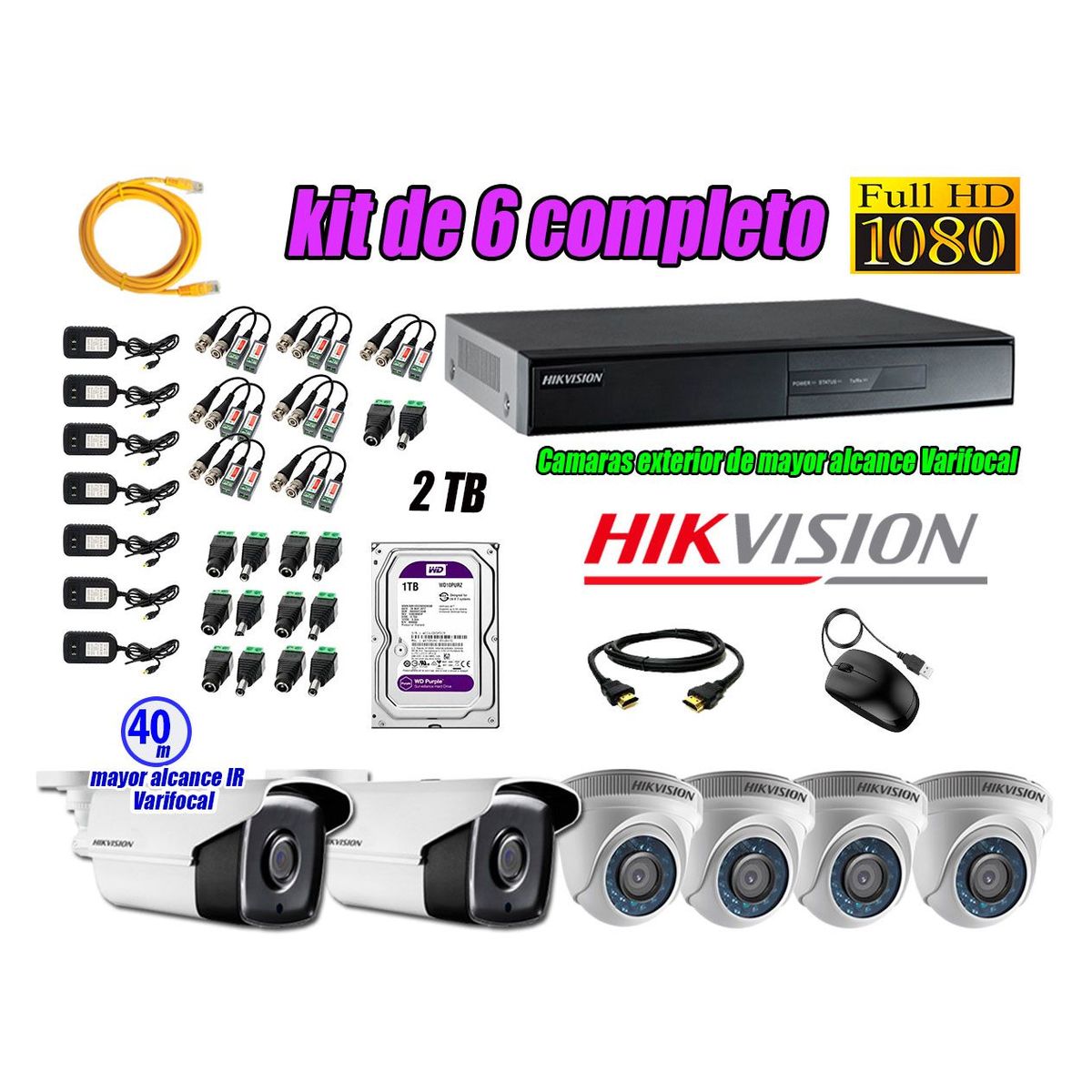 HIKVISION - Cámaras de Seguridad Kit 6 Full HD 2TB + Exterior Mayor Alcance Varifocal