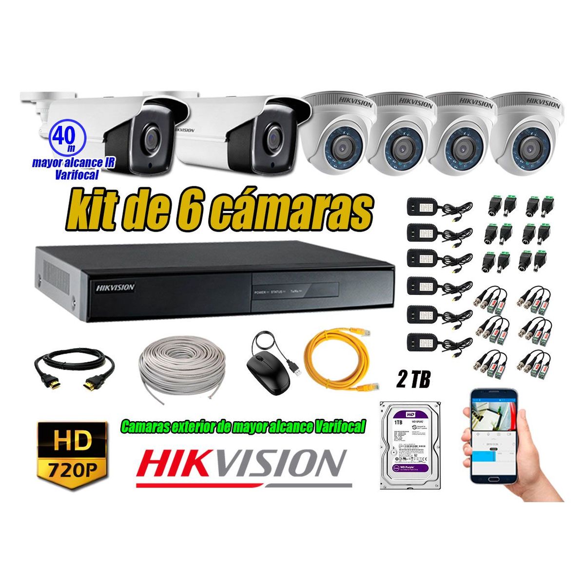 HIKVISION - Cámaras de Seguridad Kit 6 HD 720P 2TB WD + Exterior Mayor Alcance Varifocal 40M Ir