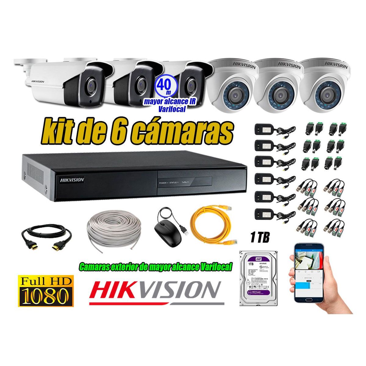 HIKVISION - Cámaras de Seguridad Kit 6 Full HD 1TB + Exterior Mayor Alcance Varifocal P2P