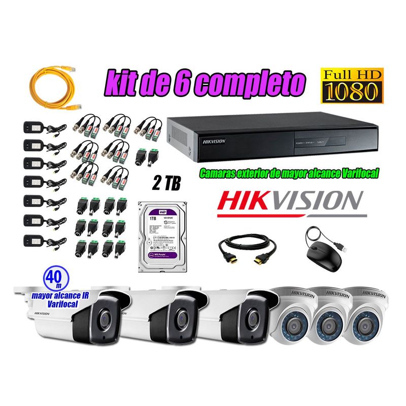 HIKVISION - Cámaras de Seguridad Kit 6 Full HD 2TB + Exterior Mayor Alcance Varifocal 40M Ir