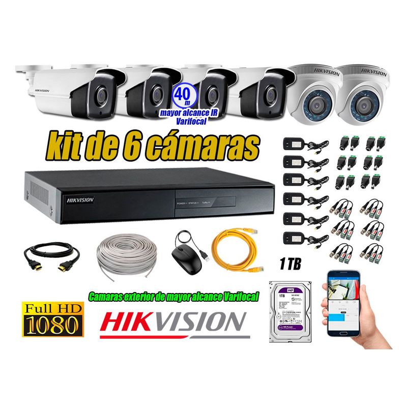 HIKVISION - Cámaras de Seguridad Kit 6 Full HD 1TB + Exterior Mayor Alcance Varifocal40M