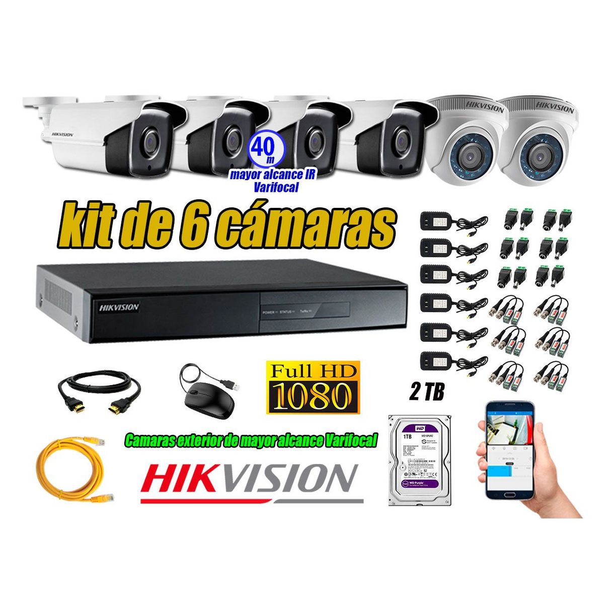 HIKVISION - Cámaras de Seguridad Kit 6 Full HD 2TB + Exterior Mayor Alcance Varifocal P2P