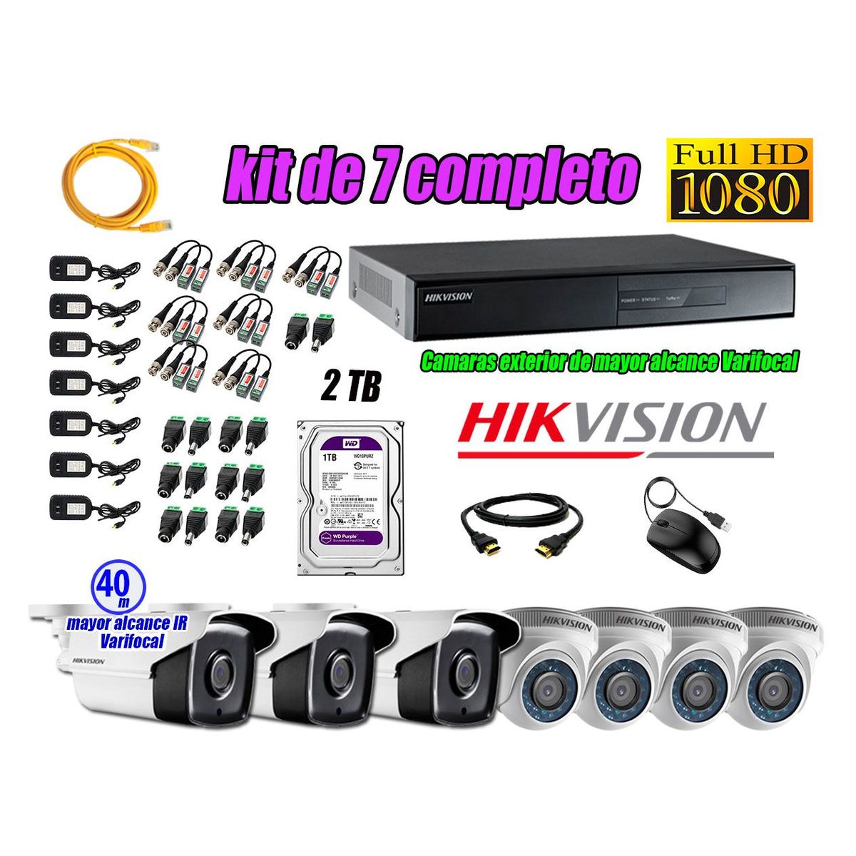 HIKVISION - Cámaras de Seguridad Kit 7 Full HD 2TB WD + Exterior Mayor Alcance Varifocal P2P