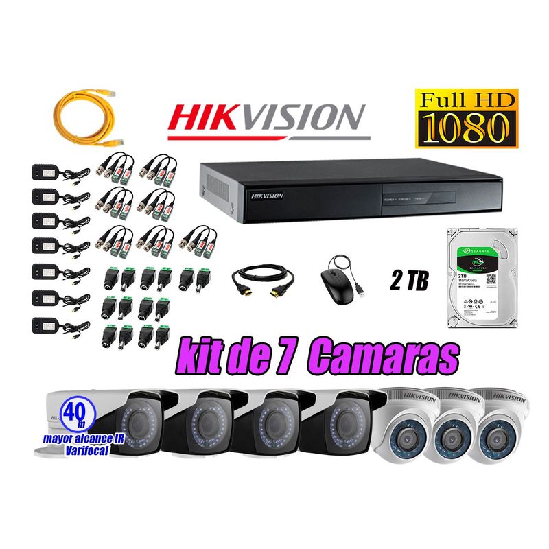 HIKVISION - Cámaras de Seguridad Kit 7 Full HD 2TB WD + Exterior Mayor Alcance Varifocal40M