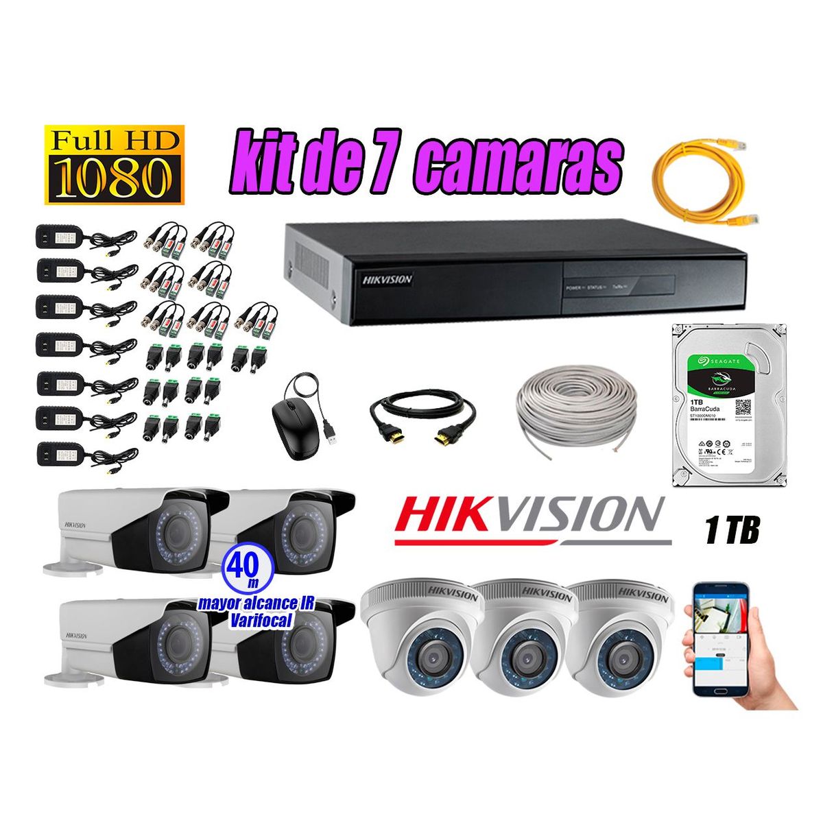 HIKVISION - Cámaras de Seguridad Kit 7 Full HD 1TB WD + Exterior Mayor Alcance Varifocal P2P